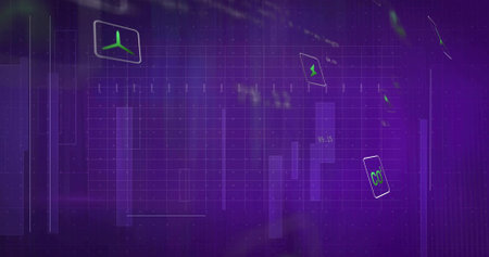 Displaying purple data dashboard with grid on screen, neon-green turbine, lightning bolt, CO2 icons....