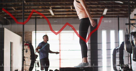 Balancing woman in tank, leggings on plyo box at gym, with jump rope, red chart overlay. Fitness,...