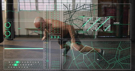 Performing mid-adult man holding plank position on gym mat, wearing dark shorts and HUD overlays. Athlete, pushups, fitness, studio, wireframe, grid, readoutsの写真素材