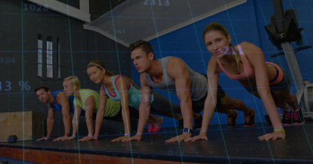 Holding plank five adults wearing sportswear on raised platform at gym, plyo box and cardio machine....