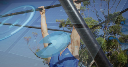Pulling man in blue tank top gripping horizontal bar and support-pole in park, showing HUD overlays....