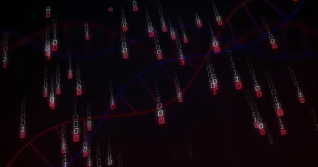 Streaming red-blue DNA helix intersecting falling binary streams in data display, red glow....