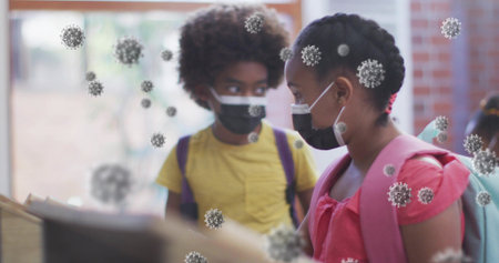 Standing two students wearing face masks at school counter, showing pink backpack and virus overlay....