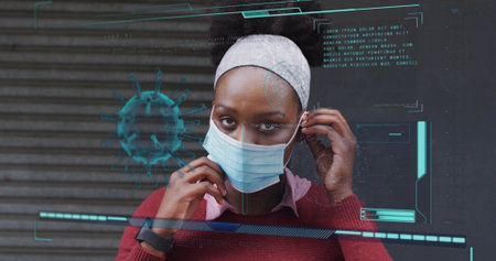 Adjusting woman in maroon sweater and scarf by shutter, touching blue mask amid teal virus overlay....