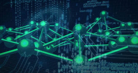 Glowing teal-green nodes connecting with rods in holographic data space, showing floating code....