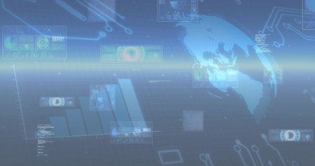 Displaying translucent digital globe on right over grid with bar-chart and HUD panels, copy space. Holographic, world, interface, dashboard, analytics, data, visualizationの写真素材