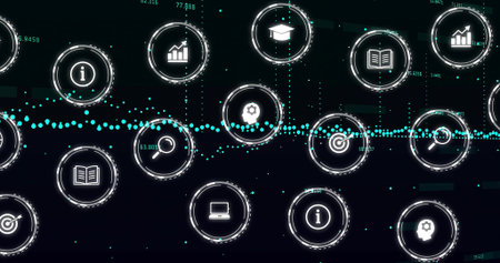 Displaying centered network of glowing circular data nodes on virtual dashboard, with aqua waveform....