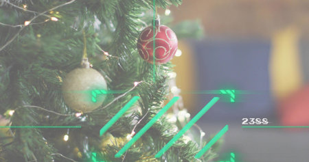 Showing decorated fir branch featuring red swirl ornament, gold ball, warm lights, HUD 2388 in home....