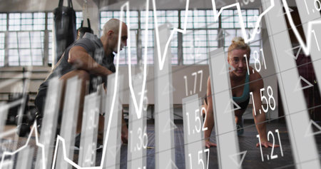 Training woman holding plank on mat in gym, wearing sports bra, coach crouching, data overlays....