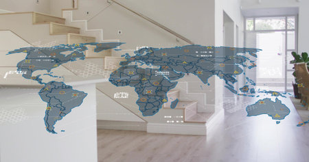 Projecting digital holographic world map covering modern entry and stairs, showing blue data icons....