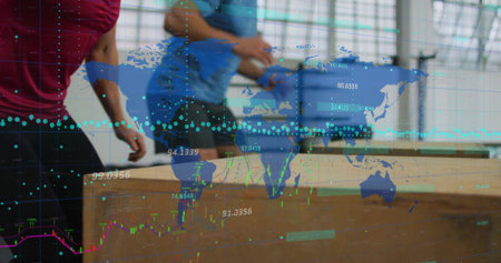 Jumping two adults landing on plyo box at gym, in pink and blue tops, data overlay. Fitness,...
