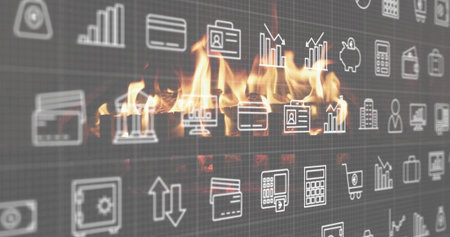 Displaying centered transparent grid of business icons in studio over burning logs, with embers....