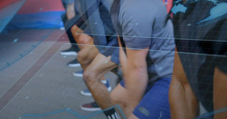 Preparing five athletes kneeling at start on gym floor in shorts and sneakers, with grid overlay....
