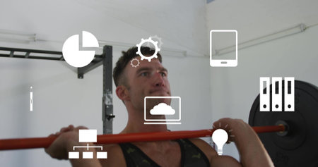 Holding athlete wearing dark tank top, bracing for lift in gym with orange barbell, rack, icons....