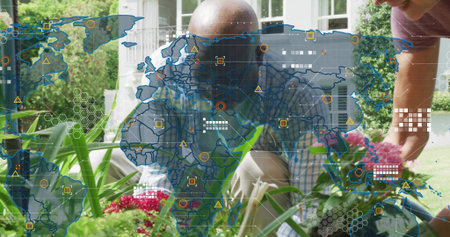 Tending couple in plaid shirt and pink top in yard with trowel gloves map overlay. Garden, weeding,...