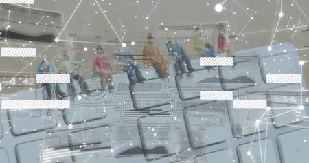 Showing mini figurines wearing helmets sitting on beam at desktop with keyboard, wheelchair, nodes....