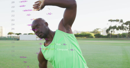 Stretching mature man wearing neon green sleeveless top leaning right on grassy field, HTML overlay....