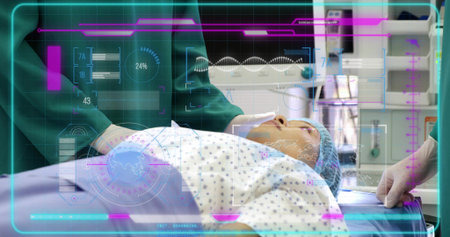 Attending surgical staff monitoring patient on operating table, wearing gowns and cap, HUD overlay....