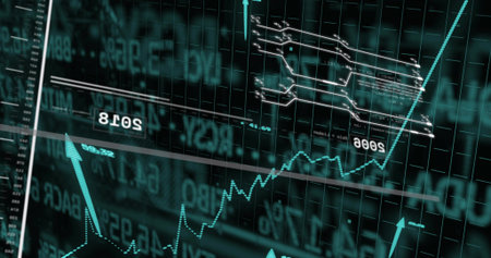 Displaying rising turquoise line chart climbing on dark grid, showing upward arrows and points....