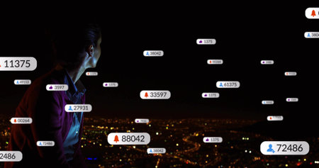 Standing woman in shirt and blazer viewing rooftop, city lights, floating badges, copy space. Urban,...