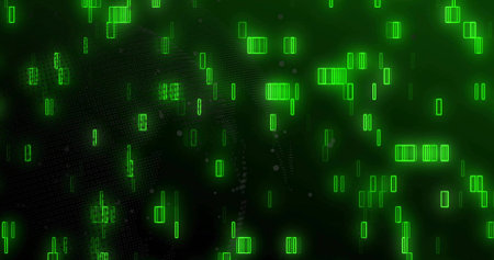 Floating neon green glyphs and bars drifting across virtual data-space with dotted mesh particles....
