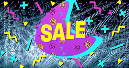 Showing purple abstract shape filling poster, with bold yellow SALE text and cyan outline. Memphis,...