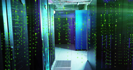Showing data center aisle with server racks, status LEDs, blue cabinet and binary overlay. Facility,...