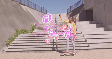 Skateboarding woman yellow jacket holding phone interacting with pink AR icons at plaza, copy space....