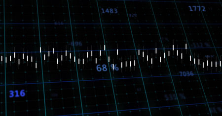 Displaying centered waveform of short white bars across dark display, showing teal grid, metrics....