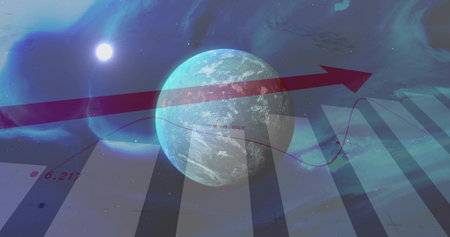 Displaying textured blue-green planet intersecting red arrow in space, with bars and data curve....