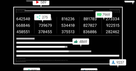 Displaying white-framed dashboard showing six-digit columns, progress bars, metric badges on black....