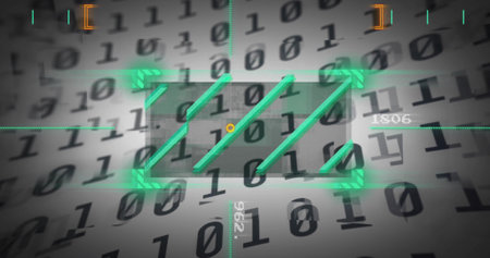 Displaying central panel showing three neon-green slashes in HUD with binary digits, yellow marker....