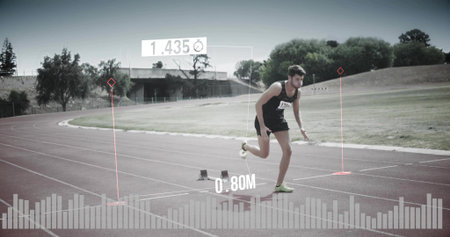 Launching runner in black-top neon-shoes pushing off blocks on track with HUD overlays, copy space....