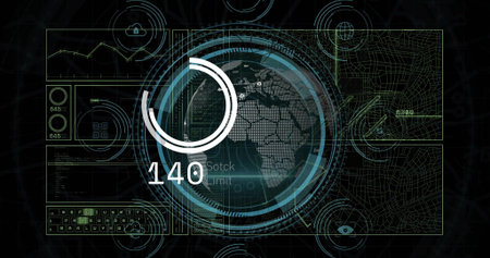 Displaying central dotted globe rotating amid concentric HUD rings on dark dashboard, showing 140....
