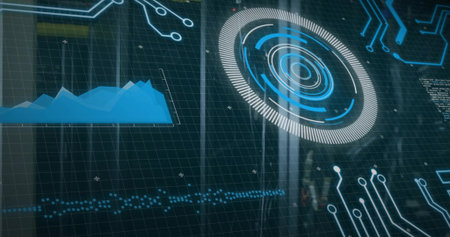 Displaying holographic dashboard on glass in dim lab, showing radar, blue chart, waveform. Cyan,...