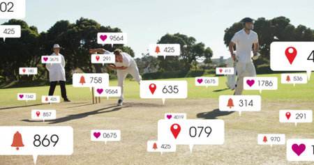 Bowling bowler in white kit delivering ball on prepared pitch at park, with bat and icons. Cricket,...