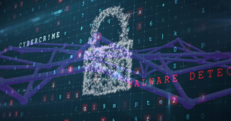 Glowing particle padlock cutting purple graphs on data grid, showing CYBERCRIME, MALWARE DETECTION....