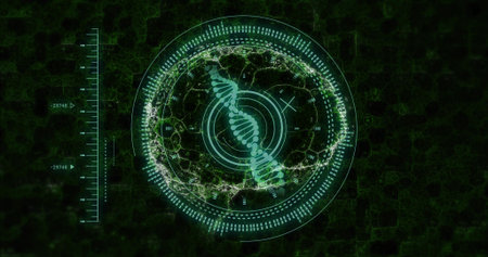 Displaying glowing double-helix DNA pulsing within concentric HUD rings on lab HUD, showing ruler....