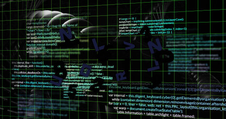 Streaming neon grid and overlaid code in cyberspace with cursor, helmet silhouette, navy 3D letters....