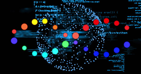 Displaying spherical network pulsing in virtual space, with colored nodes and  or usr or bin or...
