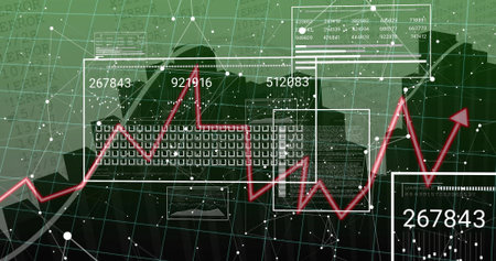 Vertical video: Analyzing incoming data, two analysts typing at desk with keyboard and HUD panels. Silhouette, collaboration, dashboard, grid, visualization, green, monitorの写真素材