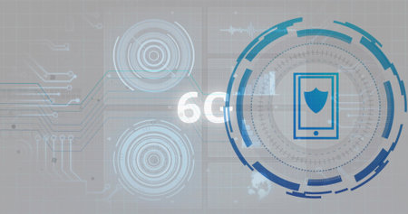 Displaying right-side HUD showing smartphone shield icon on grid with 6G and targets, copy space....