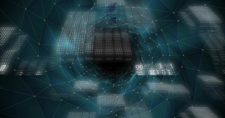 Drawing central dark core pulling triangular mesh and floating data panels inward in virtual space....