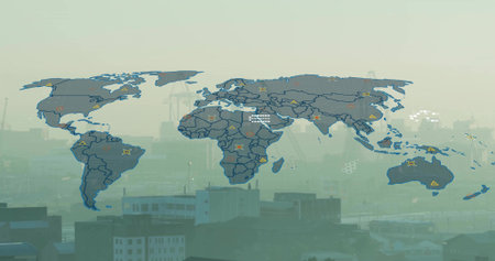 Dominating translucent map overlay covering hazy port skyline, showing markers and ship cranes....