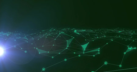 Displaying abstract network mesh receding in virtual digital space, with glowing nodes, thin lines....