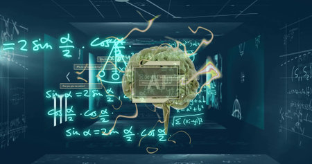 Floating realistic 3D brain model linking to holographic panels in dark chamber, neon equations....