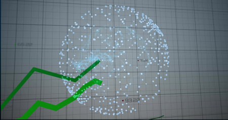 Displaying 3D sphere point-cloud on grid, with green zigzag trend lines, numbers, red markers. Data,...