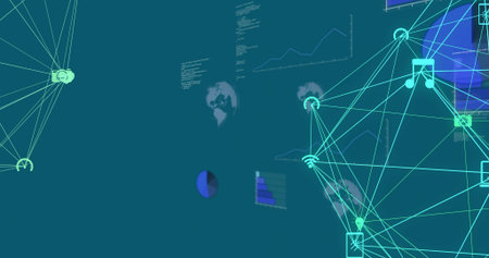 Displaying large spherical wireframe glowing on right in digital interface, with neon nodes. Globe,...