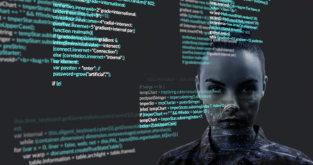 Staring woman in dark collared shirt facing projected code and HUD elements in studio, copy space....
