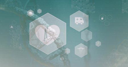 Displaying teal hexagon showing heart ECG motif on medical UI, with ambulance pill camera icons. Healthtech, digital, interface, biomedical, honeycomb, diagnostics, dataflowの写真素材